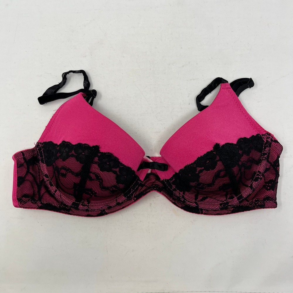 Native Intimates Pink Black Lace Push‎ Up Bra 34C Underwire Padded Adjustable